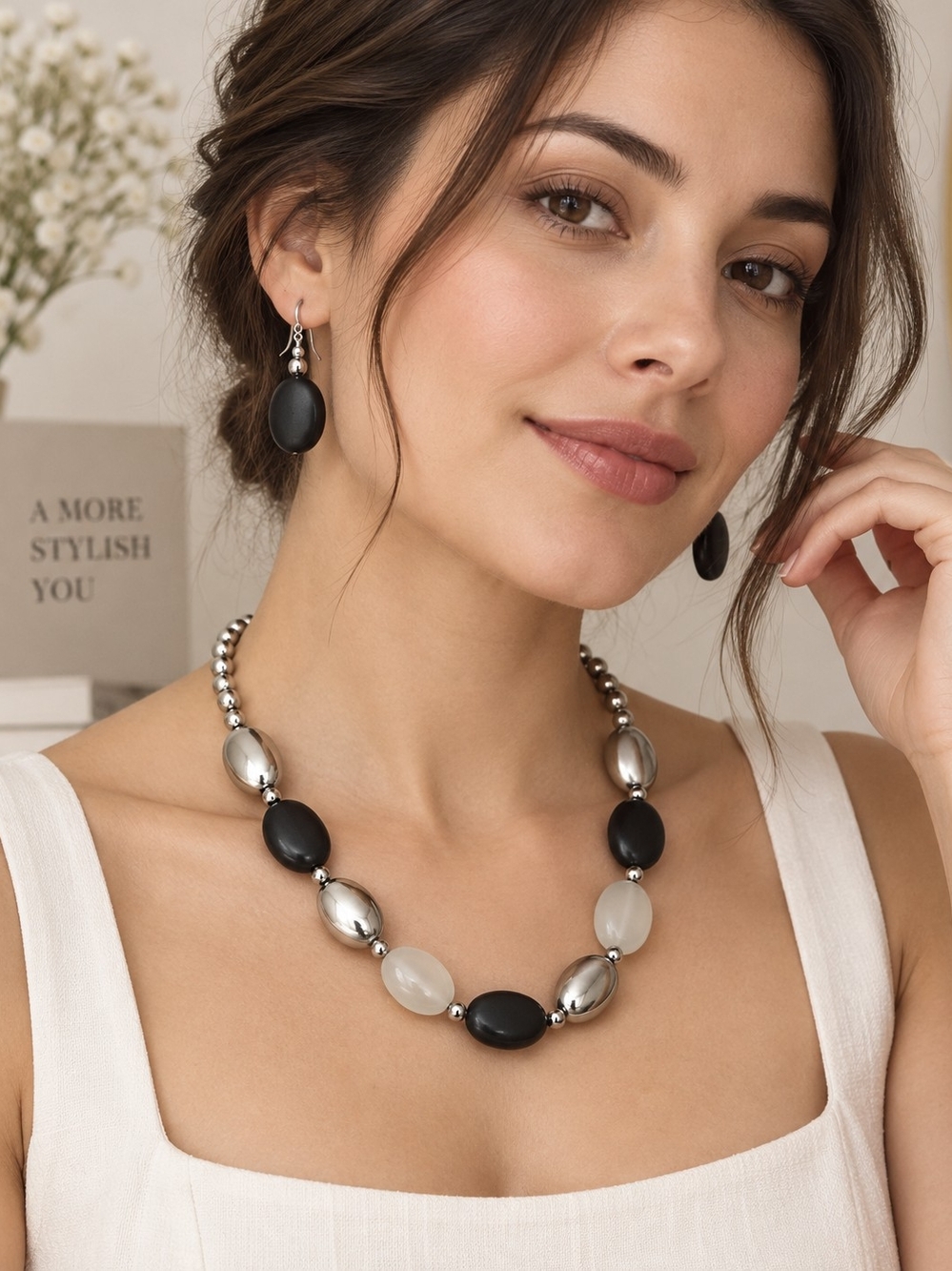 Elegant Black Glass & Silver Bead Necklace and Earring Set